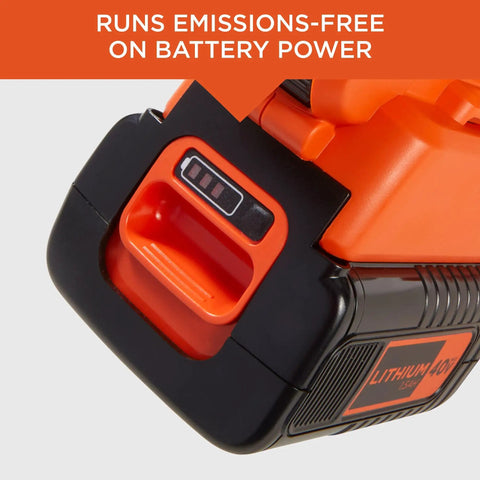 Close-up of Cordless Leaf Blower Vacuum Mulcher Combo Kit 40V battery and charger