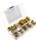 50-Piece Metric Thread Insert Kit For DIY Repairs, assorted golden carbon steel thread inserts in a clear organizer case