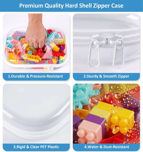 Heavy Duty Six Pack Clear Hard Shell Zipper Cases featuring colorful LEGO pieces, durable clear PET material, and smooth zipper.