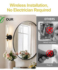 Battery Operated Wall Sconces Set of Two, Black and Gold Wall Light fixtures with Wireless Remote Control showing cordless installation beside a mirror.