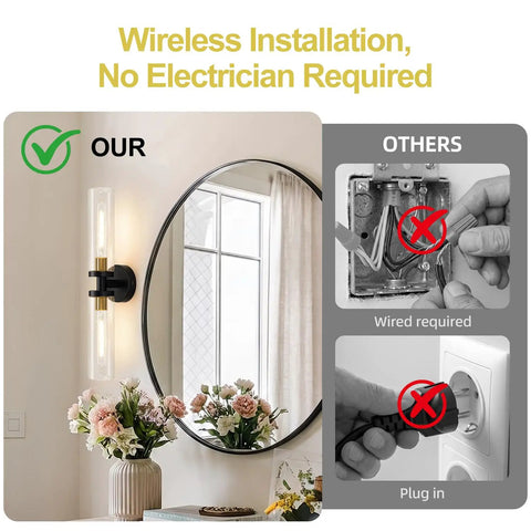 Battery Operated Wall Sconces Set of Two, Black and Gold Wall Light fixtures with Wireless Remote Control showing cordless installation beside a mirror.