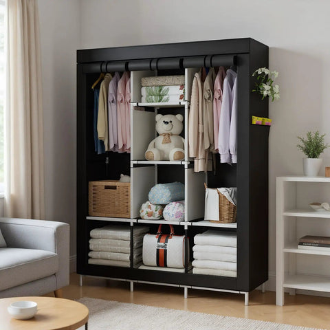 Dope Space Saver Portable Wardrobe Closet Organizer With Non Woven Fabric Cover in black, featuring hanging sections and shelves in living room.
