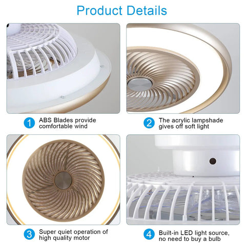 Close-up product details of Modern Low Profile Bladeless Ceiling Fan With Lights And Remote For Bedroom 22 Inch Flush Mount Enclosed