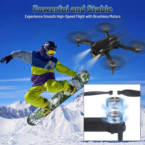 4K HD FPV Mini Drone With Camera For Beginners, Brushless Motors hovering over snowboarder in snowy mountain backdrop
