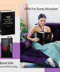 Woman holding Book Safe Dictionary Diversion With Combination Lock And Fireproof Money Bag Hidden Storage For Cash And Valuables.