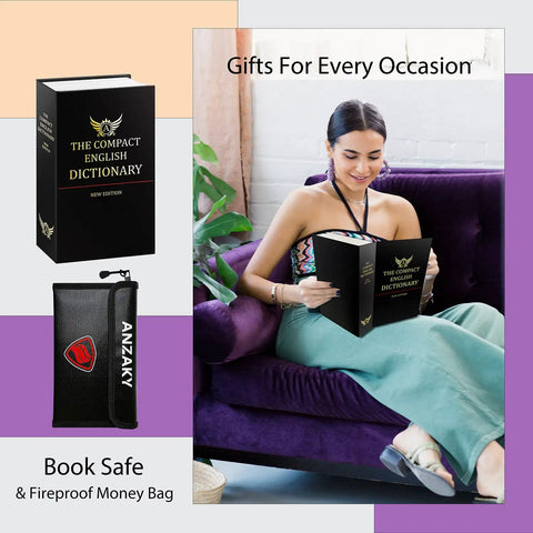 Woman holding Book Safe Dictionary Diversion With Combination Lock And Fireproof Money Bag Hidden Storage For Cash And Valuables.