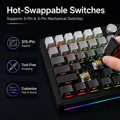 Close-up of Slick 75 Percent Wireless Mechanical Gaming Keyboard With Hot Swappable Keys showing tool-free key swapping.