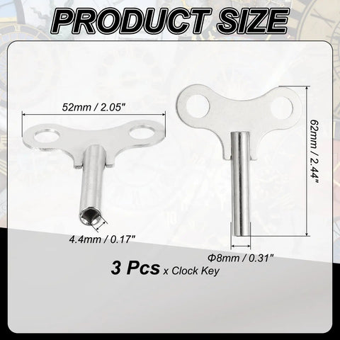 Dimensions of 3 Pack Wrench Clock Keys For Winding, 4.4mm Hole, 62mm Long Steel Clock Keys shown in image