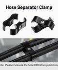 EVIL ENERGY AN6 hose separator clamp, aluminum, black, 4-pack; front view and installed on braided fuel hose