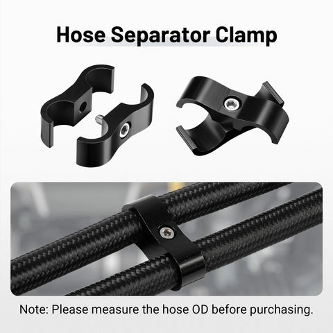 EVIL ENERGY AN6 hose separator clamp, aluminum, black, 4-pack; front view and installed on braided fuel hose