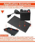 Automotive Silicone Battery Heating Pad With Thermostatic Shutoff 60 Watt 120 Volt shown with battery tray and power cord.
