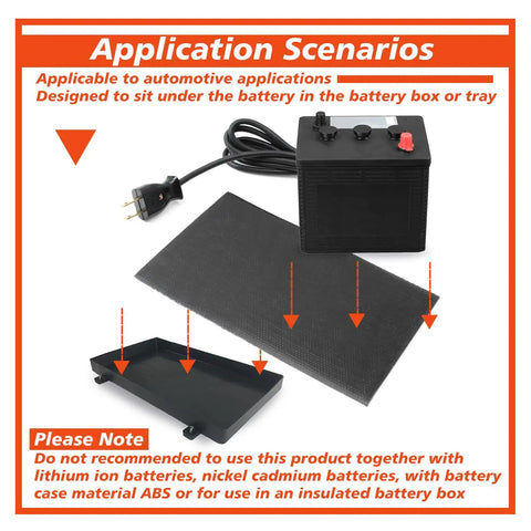Automotive Silicone Battery Heating Pad With Thermostatic Shutoff 60 Watt 120 Volt shown with battery tray and power cord.