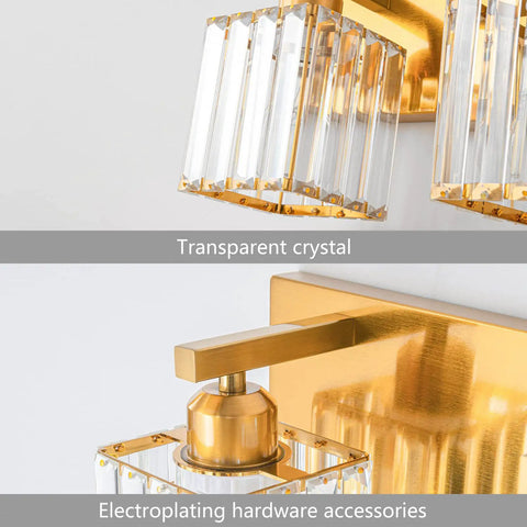 Close-up of three light gold crystal bathroom vanity light with brushed gold finish clear K9 crystal shades.