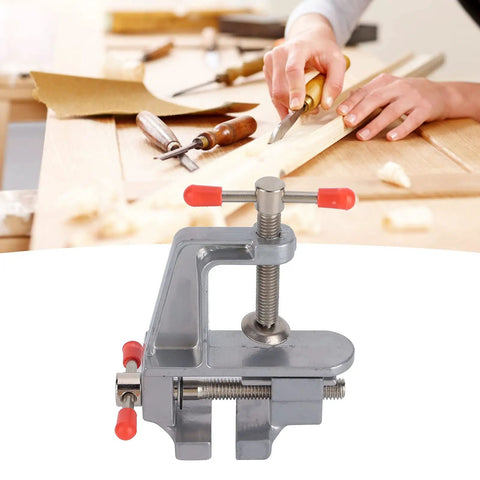 Dope Mini Bench Vise Aluminum Alloy 1.42 Inch Jaw Opening Clamp on workbench with woodworking tools in background