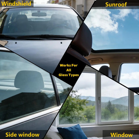 Composite image showing various glass types: car windshield, sunroof, side window, and home window, suitable for 4 Piece Windshield Repair Kit With Nano Resin Fluid For Chips Bullseye Cracks And Star Shape Damage Upgraded Vacuum System Delivers Deep Resin Penetration And Bubble Free Glass Repair On The Go.