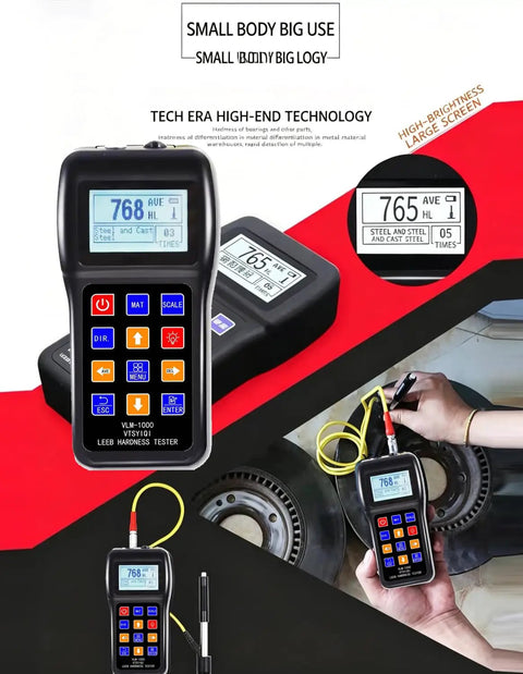 Pro Grade Leeb Hardness Tester Meter 170 To 960 HLD for Metals Durometer Tester With HL HB HRB HRC HRA HV HS Scales Includes Standard D Type Impact Device And D Test Block For Steel Iron Bronze Copper And 10 Materials handheld screen