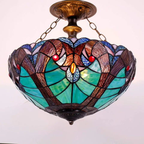 Green Liaison Tiffany Style Stained Glass Ceiling Light Fixture Semi Flush Mount Lamp With 16 Inch Shade And 15 Inch Height