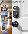 Keyless Entry Door Lock With Handle And Electronic Keypad Deadbolt, 3 Unlock Options, highlighted on front door in home setting