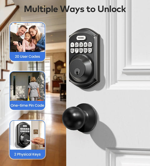 Keyless Entry Door Lock With Handle And Electronic Keypad Deadbolt, 3 Unlock Options, highlighted on front door in home setting