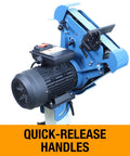 Close-up of the 2 By 48 Inch Three Wheel Belt Grinder, showing quick-release handles and motor for efficient metal polishing.