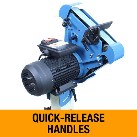 Close-up of the 2 By 48 Inch Three Wheel Belt Grinder, showing quick-release handles and motor for efficient metal polishing.