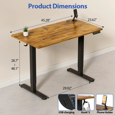 Height Adjustable Electric Standing Desk With Memory Presets, 46 x 24 Inches, Sit Stand Office Desk in rustic brown finish
