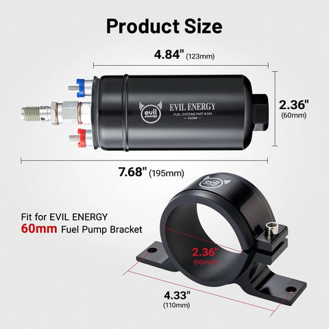 External Inline Fuel Pump 12V High Flow 300 LPH with 60mm bracket clamp and black finish, showing dimensions for EFI systems