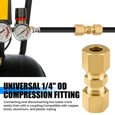 Brass compression tube fittings set, 4 pcs, 1/4 in. OD x 1/4 in. OD, for ice maker water lines