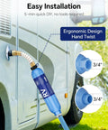 RV Water Filter With Flexible Hose Protector Inline Hose Filter connected to camper, showing easy installation