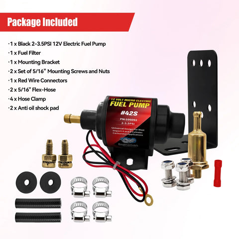 Gasoline Electric Inline Fuel Pump 12V Universal Five Sixteenth Inch Inlet Outlet Low Pressure 2 To 3.5 PSI 28 GPH kit