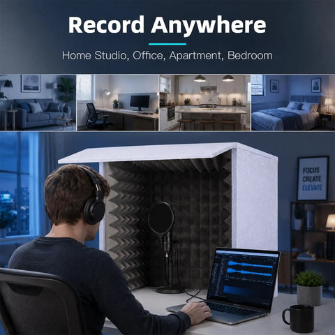 Portable Vocal Booth With Foldable Soundproof Isolation Shield Grab And Go Compact Fold Out Quick Setup Lightweight No Hassle Recording Barrier For Home Studio Creators On A Budget, featuring a user recording in an office setting.
