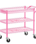 Built Tough Pink Rolling Cart Three Tier Heavy Duty Metal Utility Shelf With Smooth Rollin Wheels And Easy Grip Handle, side view