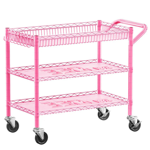 Built Tough Pink Rolling Cart Three Tier Heavy Duty Metal Utility Shelf With Smooth Rollin Wheels And Easy Grip Handle, side view