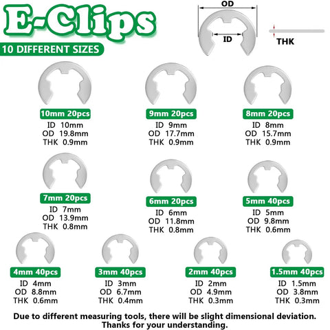 E-clips size chart for 304 Stainless Pro Grade Snap Ring Kit with 502 C Clips and 300 E Clips, 31 sizes from 1.5mm to 28mm