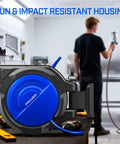80 Ft Retractable Air Hose Reel Ultimate Garage Workhorse For Air Compressors 300 Psi Max 3 8 Inch Hybrid Tubing close-up with blue casing.