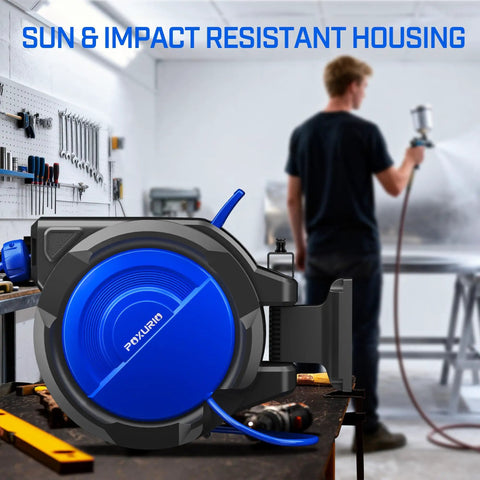 80 Ft Retractable Air Hose Reel Ultimate Garage Workhorse For Air Compressors 300 Psi Max 3 8 Inch Hybrid Tubing close-up with blue casing.
