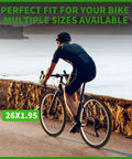Cyclist on oceanfront path with 2 Pack 26 Inch Foldable Bike Tire Set Complete 8 Piece Kit With Inner Tubes Rim Strips And Tire Levers