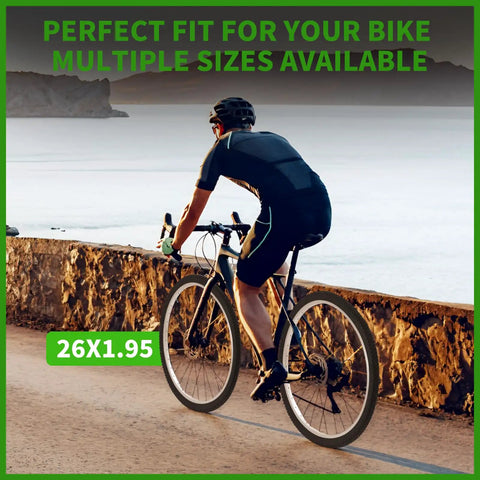 Cyclist on oceanfront path with 2 Pack 26 Inch Foldable Bike Tire Set Complete 8 Piece Kit With Inner Tubes Rim Strips And Tire Levers