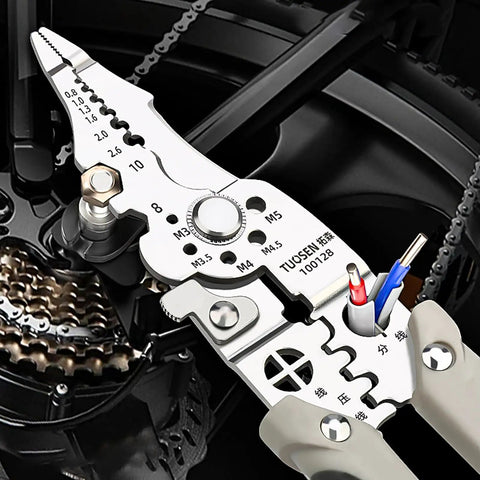 Pro Grade Heavy Duty Wire Stripper And Cutter Pliers For Electricians showing multifunctional features and precision stripping measurements.