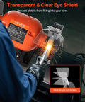 Badass Six Inch Bench Grinder With 3450 Rpm Single Speed Motor And Dual Grit Grinding Wheels Paired With Bright LED work light showing a user with a clear eye shield.