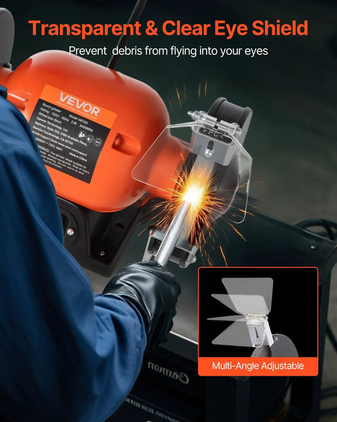 Badass Six Inch Bench Grinder With 3450 Rpm Single Speed Motor And Dual Grit Grinding Wheels Paired With Bright LED work light showing a user with a clear eye shield.