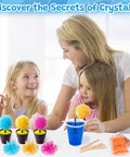 Family using Crystal Growing Kit For Kids 8 To 12, Fast 24 Hour Science Lab Toys Set For STEM Learning, with colorful crystals and tools.