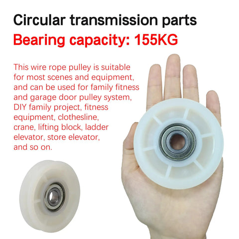Creamy White Nylon Cable Pulley Wheel with Rock Solid Bearing Steel Core and Buttery Smooth V Groove Design for High Intensity Gym Grind Fits Treadmills and Weight Machines with Heavy Duty Load Capacity up to 155 Kilograms in hand for size reference.