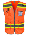 Workhorse High Visibility Safety Vest For Men Featuring Nine Deep Utility Pockets Crisscross Reflective Tape To Stay Seen On Night Shifts Or Daytime Jobsites In Blaze Orange, front view with pockets.