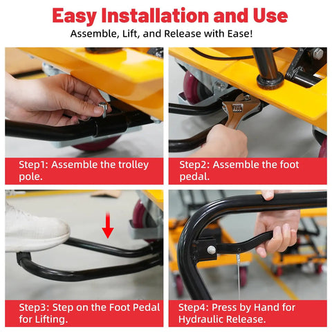Installation guide for Rock Solid 660 Lb Hydraulic Lift Table Cart With Integrated Pump showing assembly steps and components.