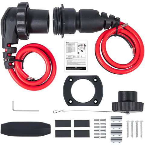 Heavy Duty Trolling Motor Plug And Receptacle Kit For Freshwater And Saltwater Boats Waterproof 8 AWG Connector Socket 60 Amp Up To 48V Marine Battery Accessory With Male And Female Connectors flat lay showing components and cables