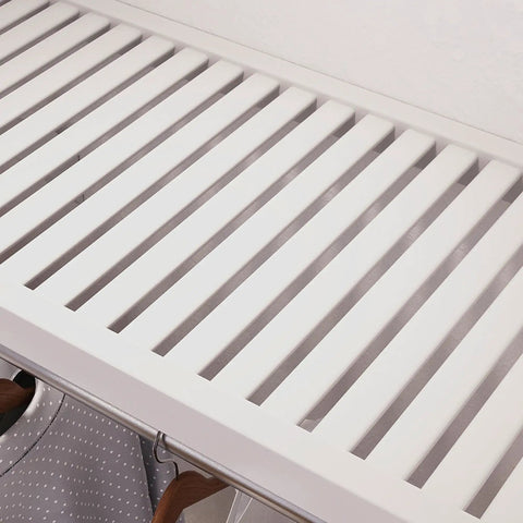 Solid Wood Cut To Fit Closet Storage Kit In Clean White Featuring reinforced garment bars view of slatted shelf.