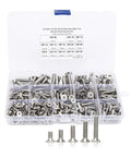 Heavy Duty 260 Piece Assorted Flat Head Hex Socket Screw Set With Countersunk Fasteners In M4 M5 And M6 Sizes Made From Top Grade Stainless Steel 304, organized in a clear storage box.