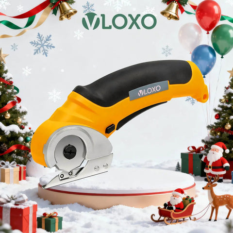 Beefy Cordless Electric Scissors With Safety Lock 4.2V Rechargeable Box Cutter placed among holiday decorations
