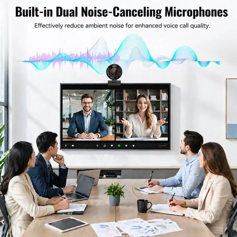 Meeting room setup featuring Straight Fire 4K Webcam For PC With Smooth PDAF Autofocus And Built In Mic That Slaps for video calls.